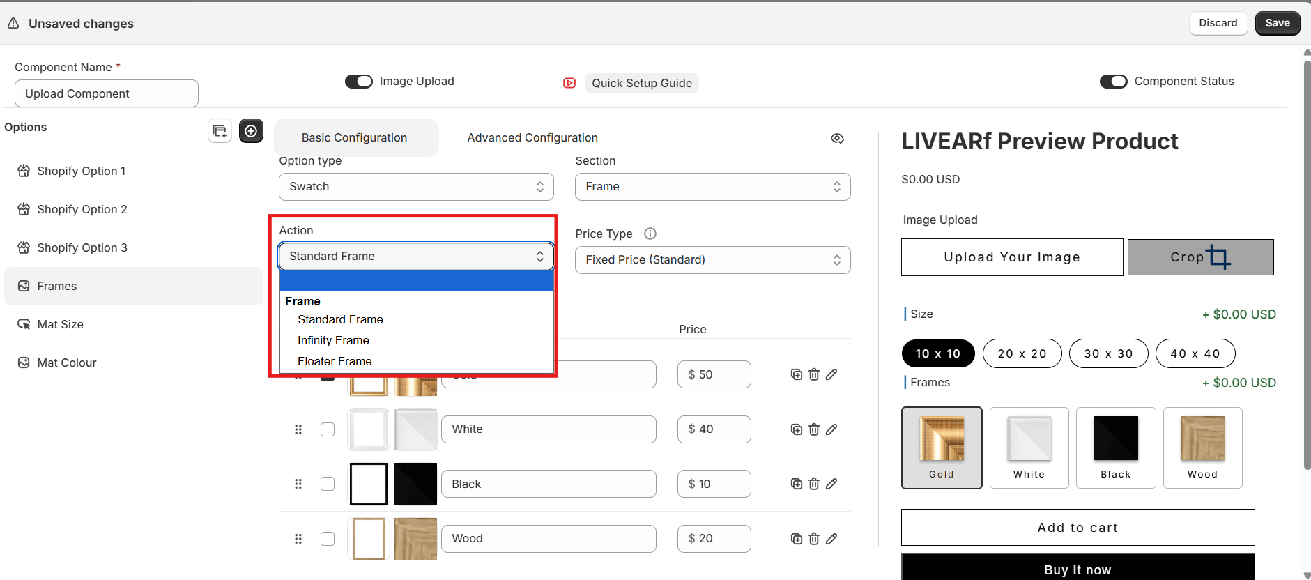 Action dropdown — showing Standard Frame, Infinity Frame, Floater Frame for the Frame section