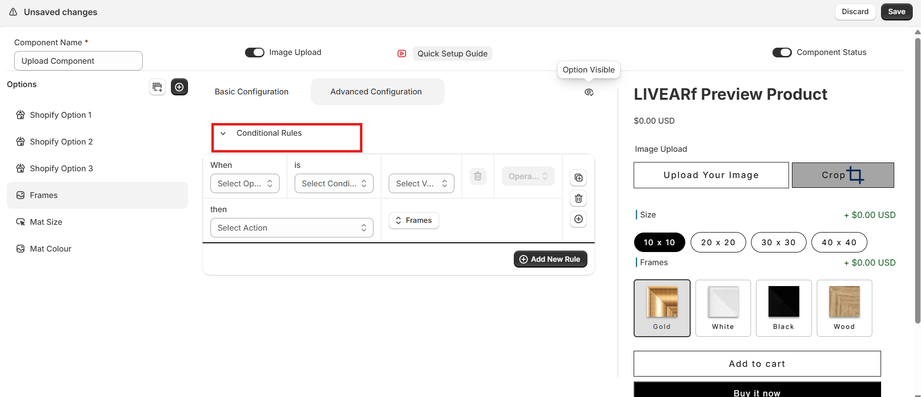 Conditional Rules panel — WHEN / IS / THEN rule builder in the Advanced Configuration tab