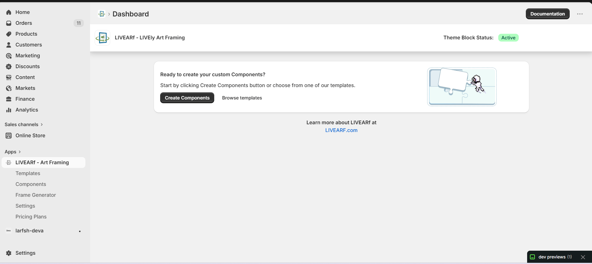 LIVEARf dashboard — navigate to Components in the left sidebar