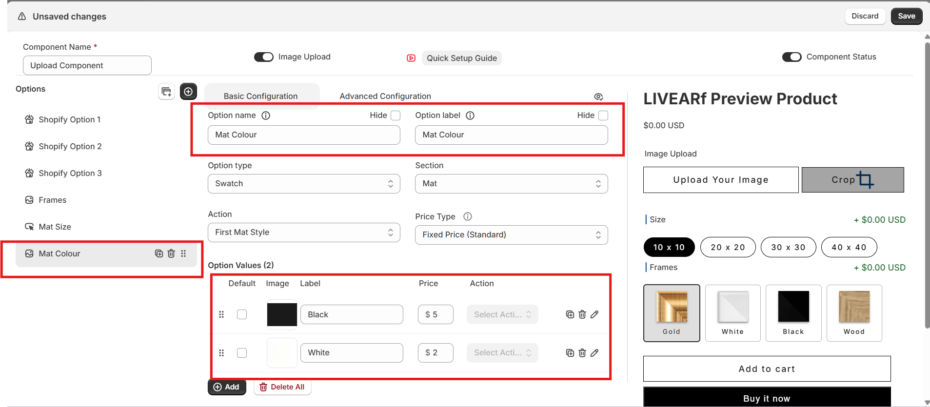 Mat Colour option — Swatch type, Mat section, Black and White values configured