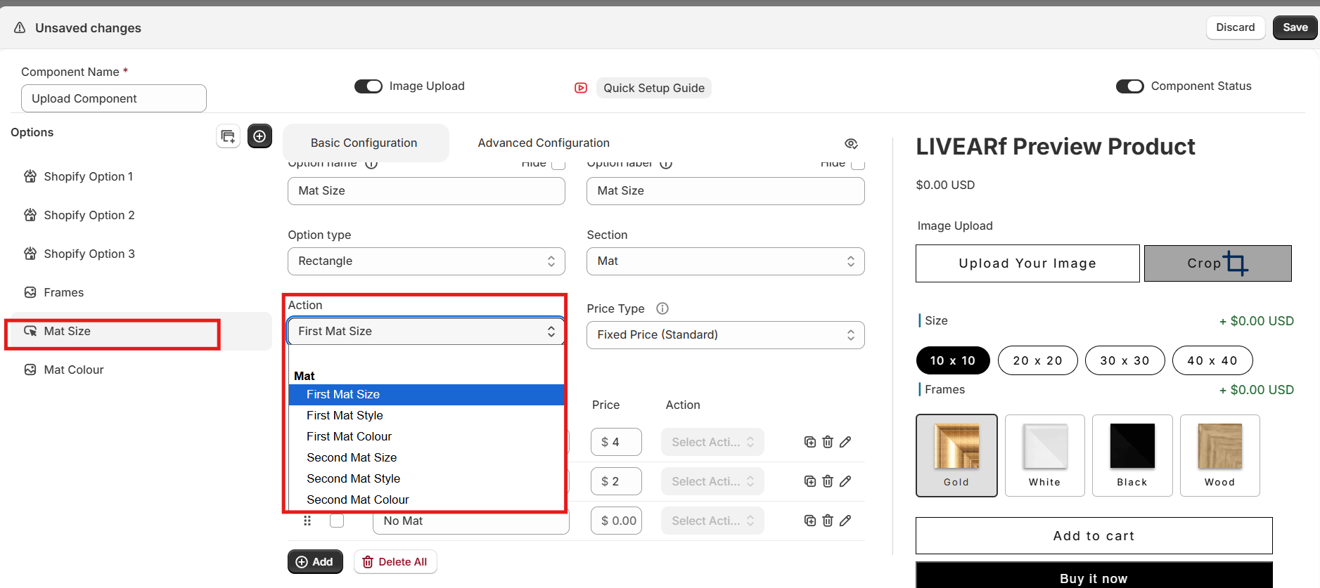Mat Size action dropdown — First Mat Size, First Mat Style, First Mat Colour, Second Mat Size, Second Mat Style, Second Mat Colour