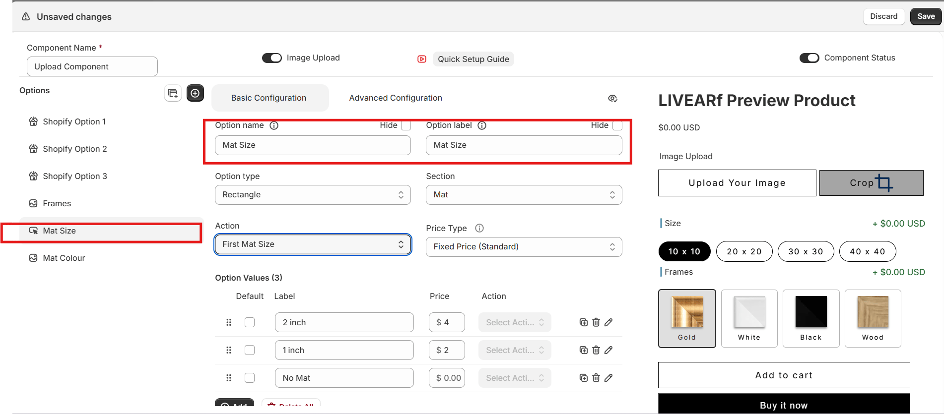 Mat Size option — showing option name, Action dropdown, and values: 2 inch, 1 inch, No Mat