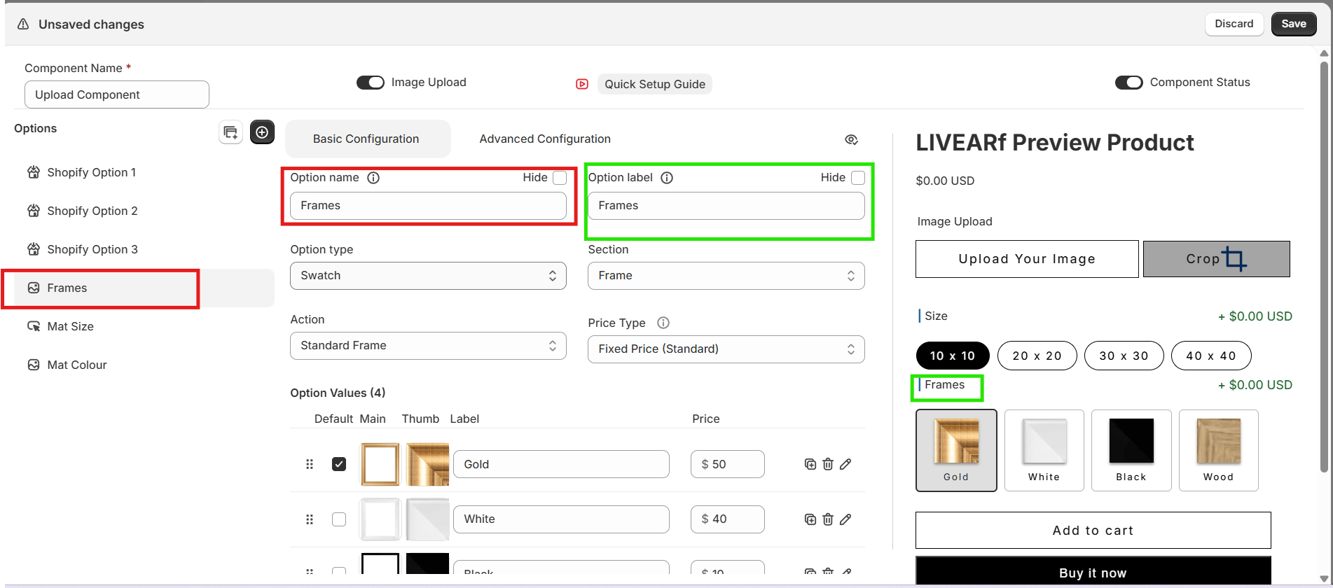 Option Name field (red, internal) and Option Label field (green, customer-facing)