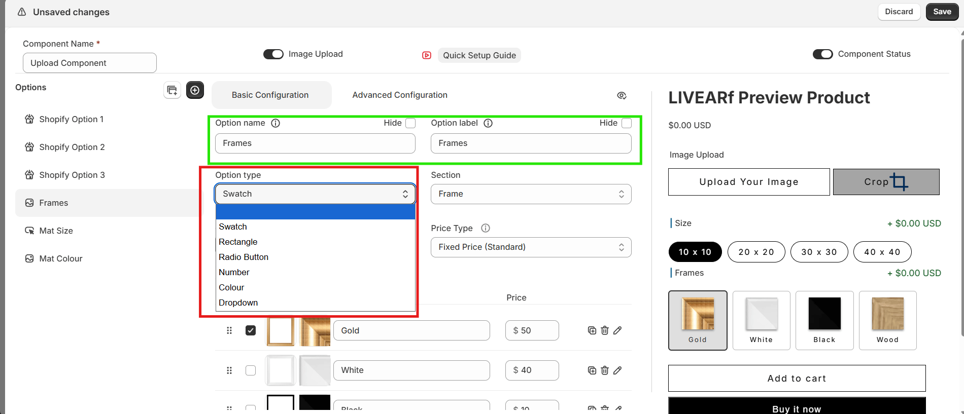 Option Type dropdown — showing Swatch, Rectangle, Radio Button, Number, Colour, Dropdown