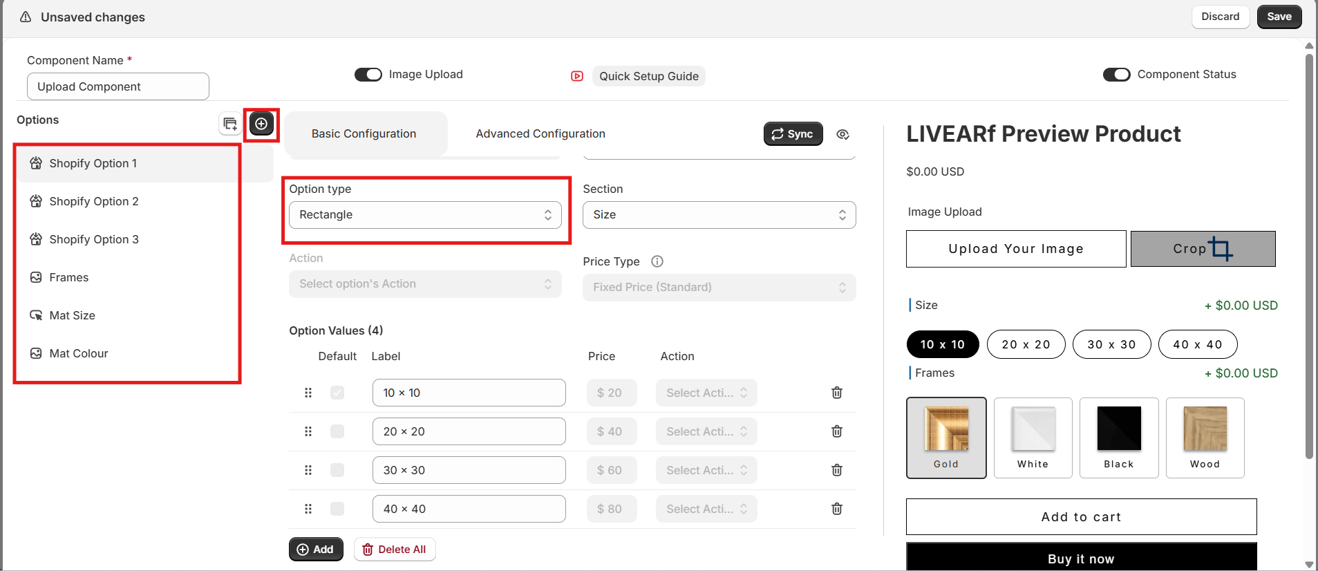 Options panel — Shopify Options list on the left, live Preview Product on the right