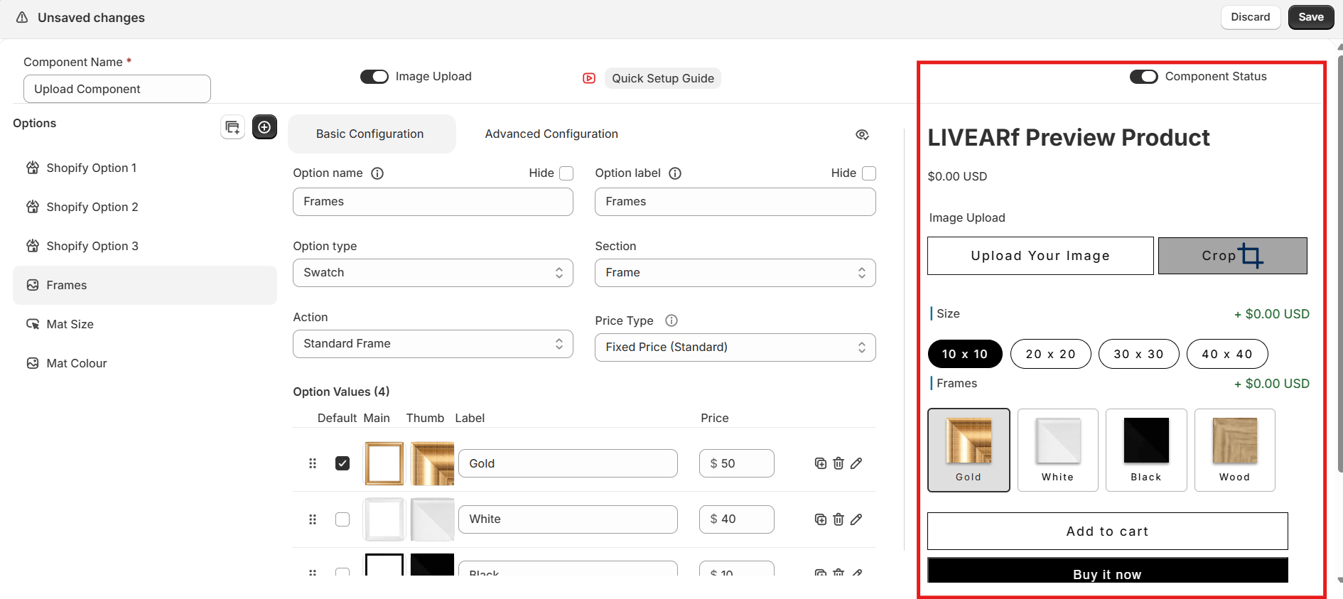 Preview Product panel — live size, frame, and mat selection updating in real time