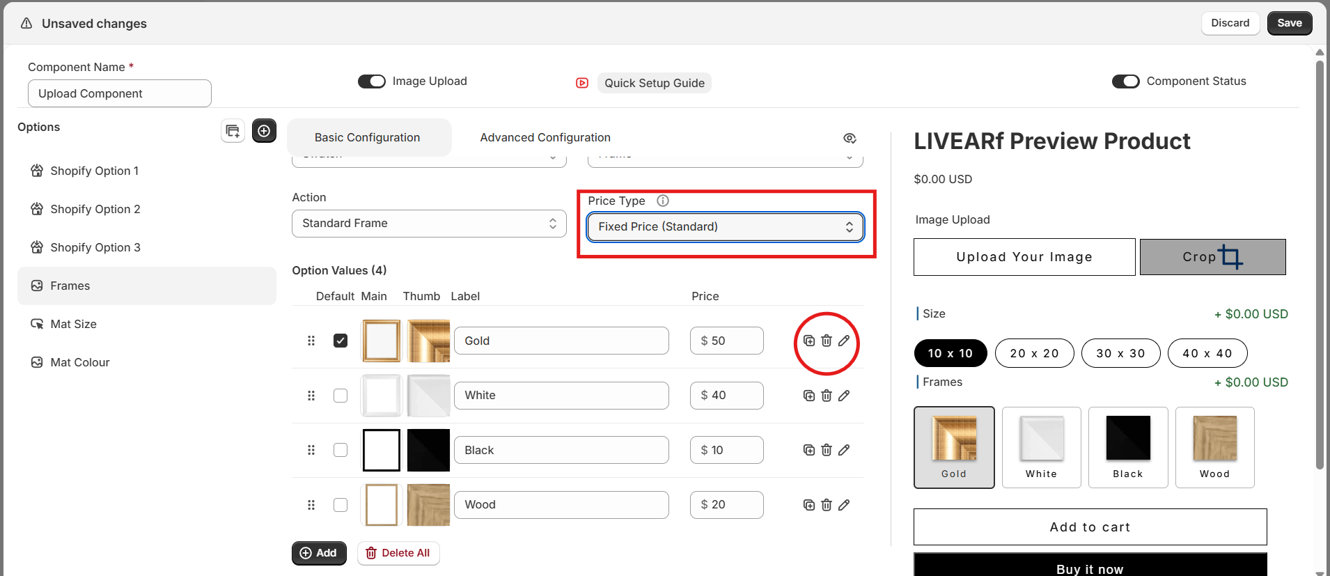 Price Type dropdown highlighted — option values with prices configured