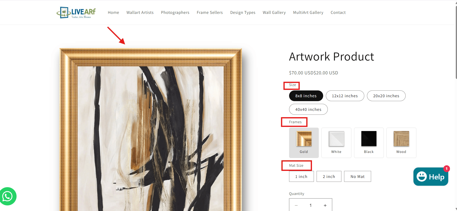 Customer-facing product page — size, frame, and mat selectors shown with live artwork preview