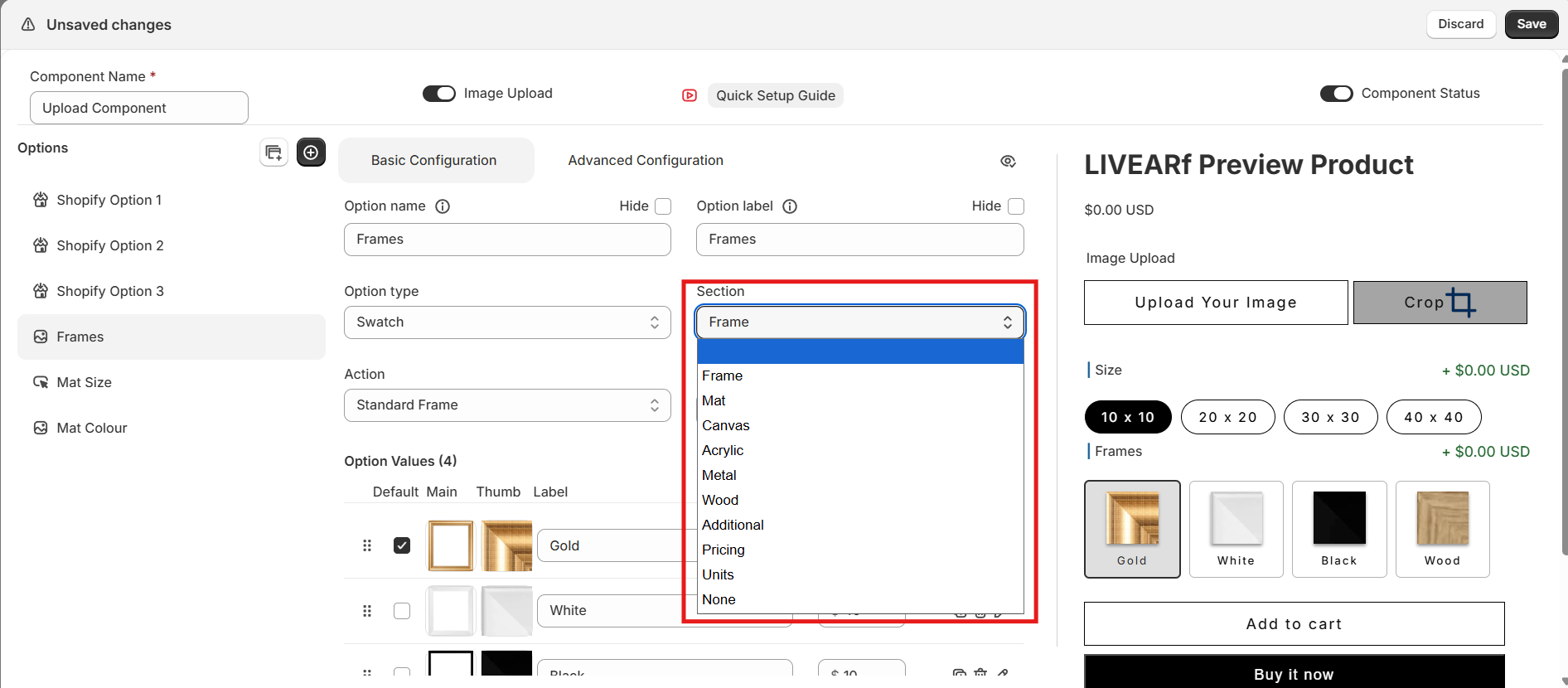 Section dropdown — showing Frame, Mat, Canvas, Acrylic, Metal, Wood, Pricing, Additional, None
