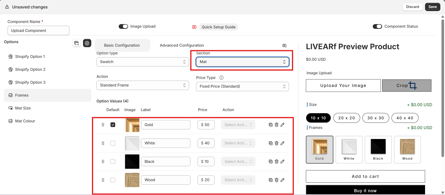 Section set to Mat — mat spacing applied around artwork in the preview