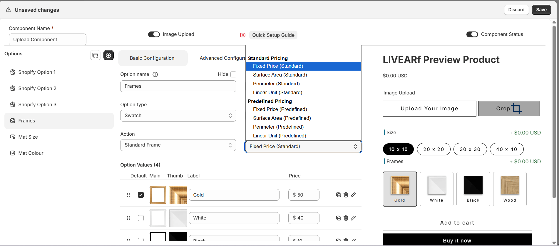 Standard Pricing dropdown — Fixed Price, Surface Area, Perimeter, Linear Unit