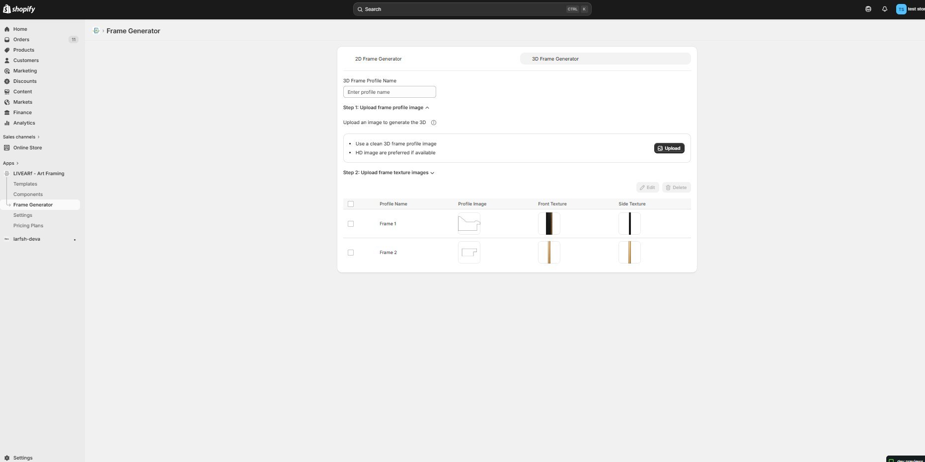 3D Frame Generator tab — Profile Name field, Step 1 Upload frame profile image, Step 2 Upload frame texture images collapsed, existing profiles table