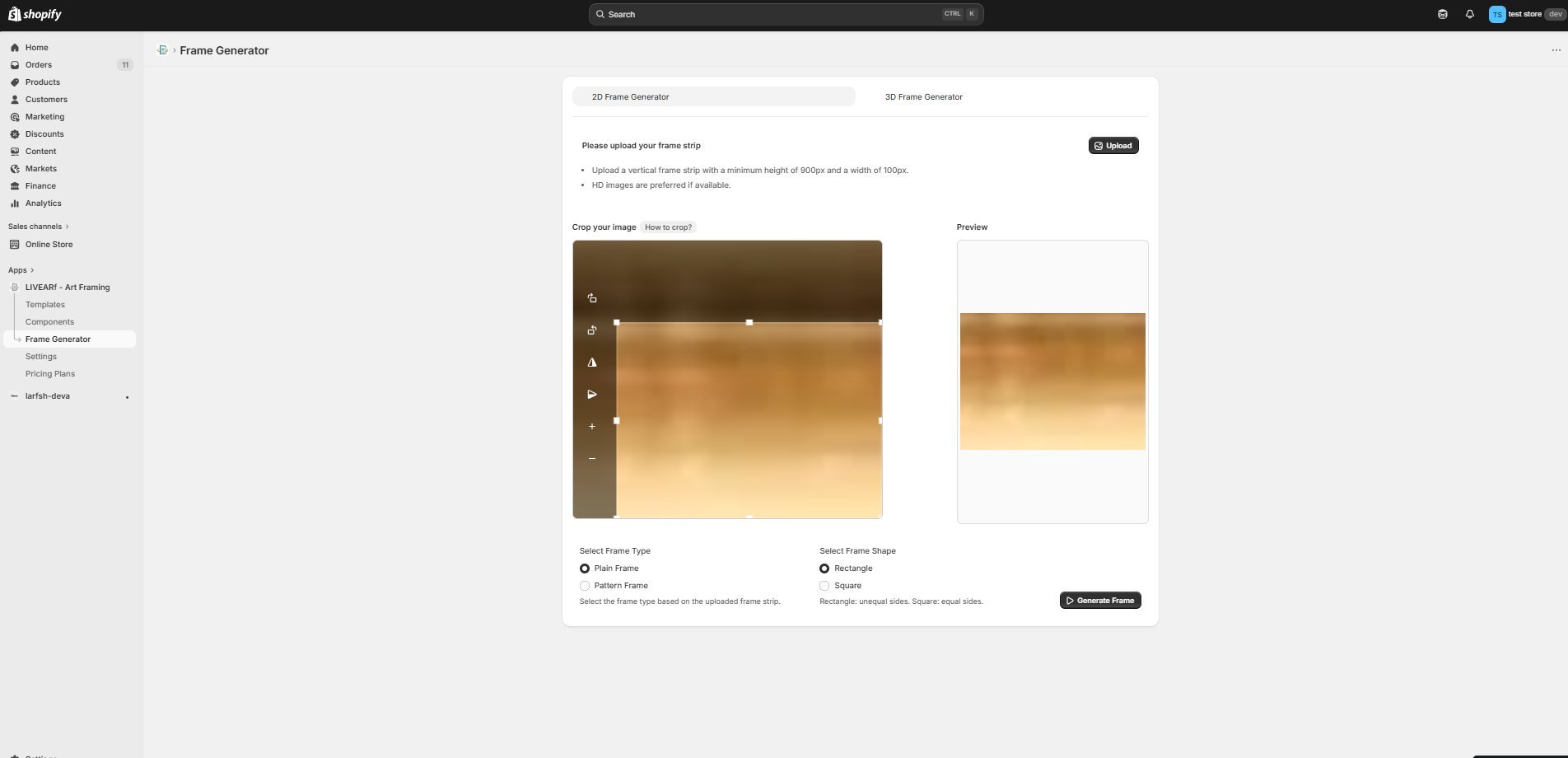 Crop tool — adjustable crop area on left, live preview on right, Frame Type and Frame Shape selectors below