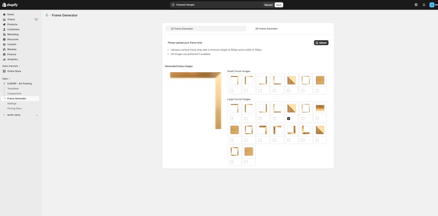 Generated frame images — full frame preview on left, Small Corner Images and Large Corner Images grids with checkboxes on right