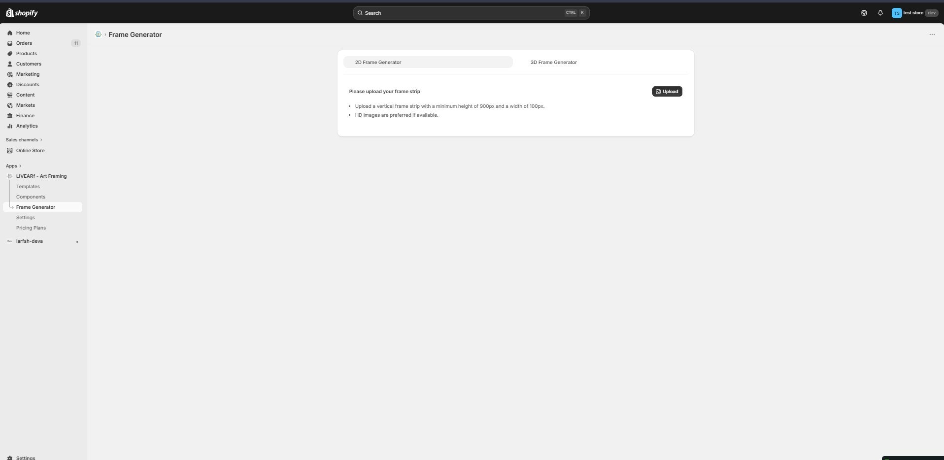 Frame Generator landing page — showing 2D Frame Generator and 3D Frame Generator tabs