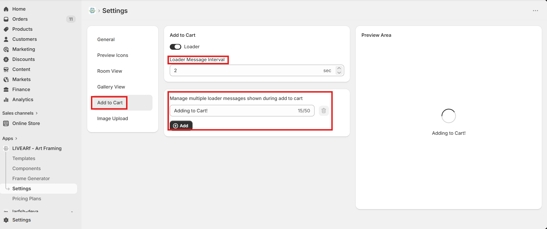 Add to Cart — Loader toggle ON, Loader Message Interval = 2 sec, custom messages panel with Add button, loader preview on right