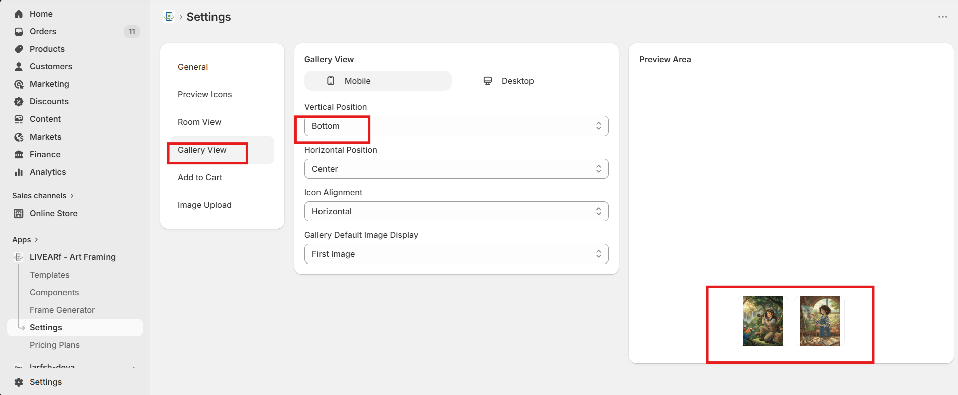 Gallery View — Vertical Position = Bottom, Horizontal Position = Center, Gallery Default Image Display = First Image, gallery thumbnails shown in Preview Area