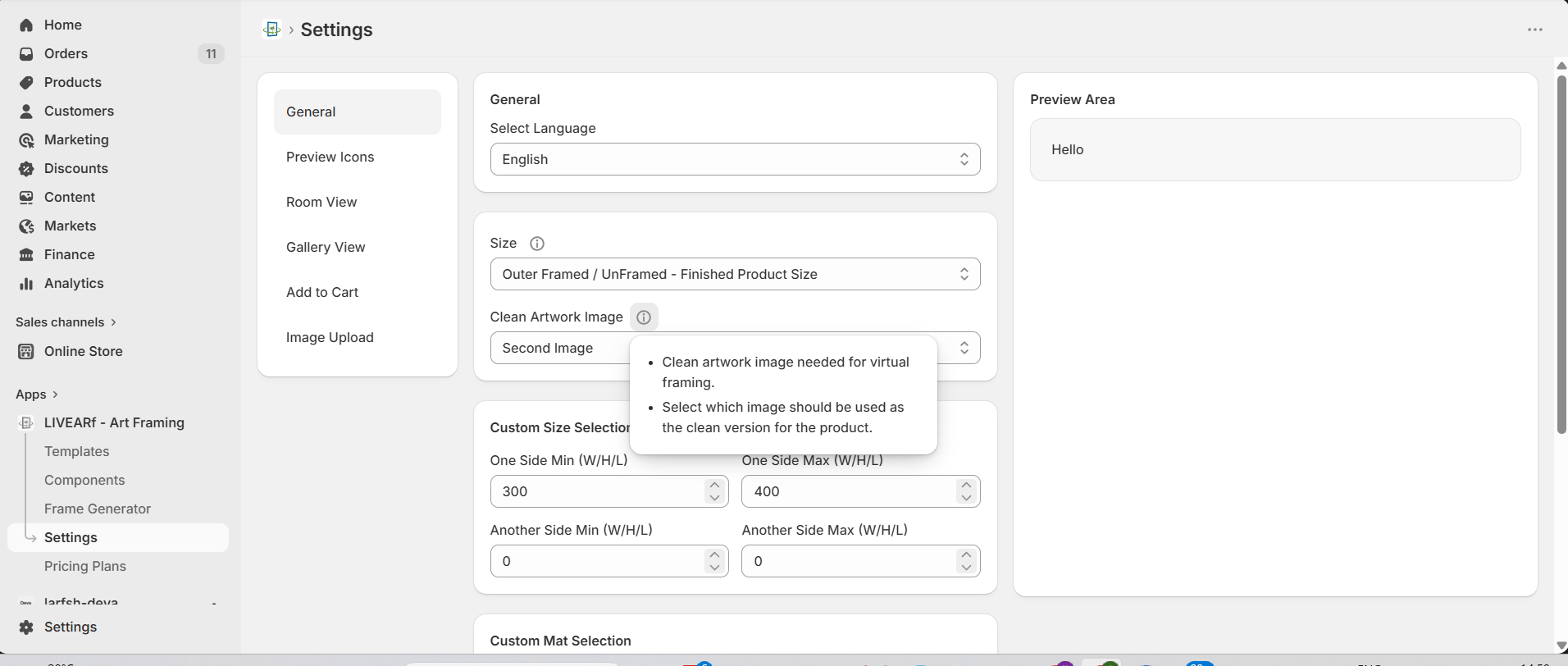 Clean Artwork Image tooltip — clean artwork image needed for virtual framing, select which image to use as the clean version
