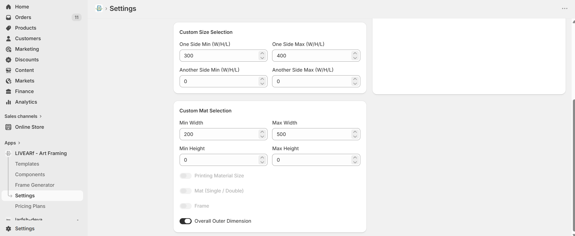Custom Size Selection and Custom Mat Selection showing min/max fields and toggle options