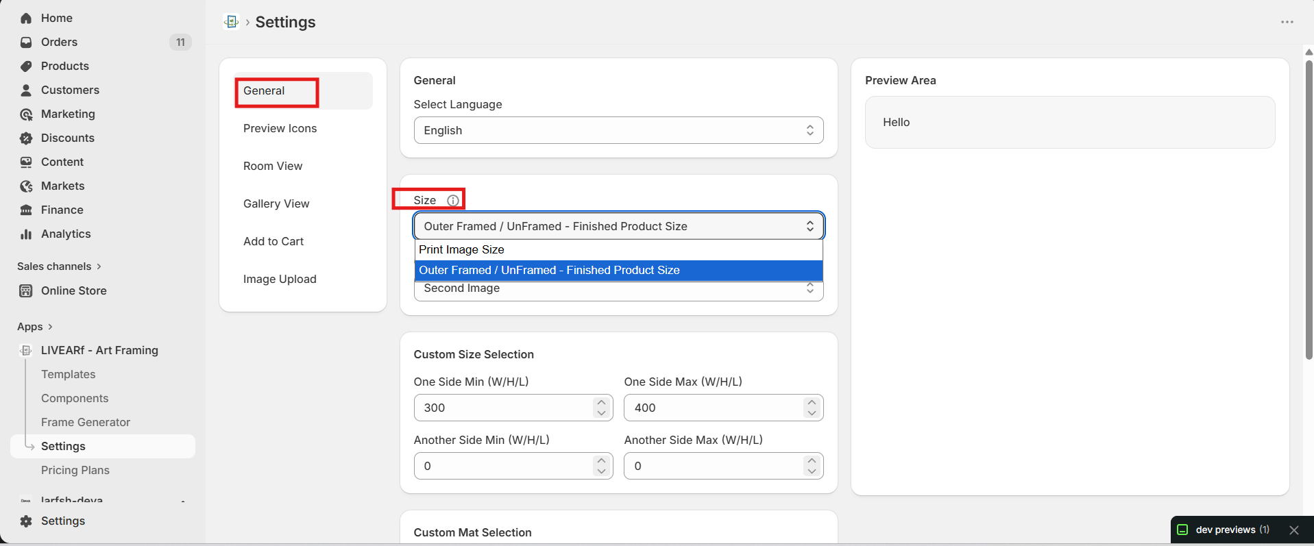 Size dropdown showing Print Image Size and Outer Framed / UnFramed - Finished Product Size options