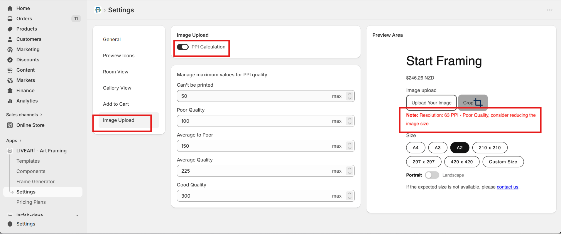 Image Upload — PPI Calculation toggle ON, quality thresholds configured, customer-facing resolution warning shown in Preview Area
