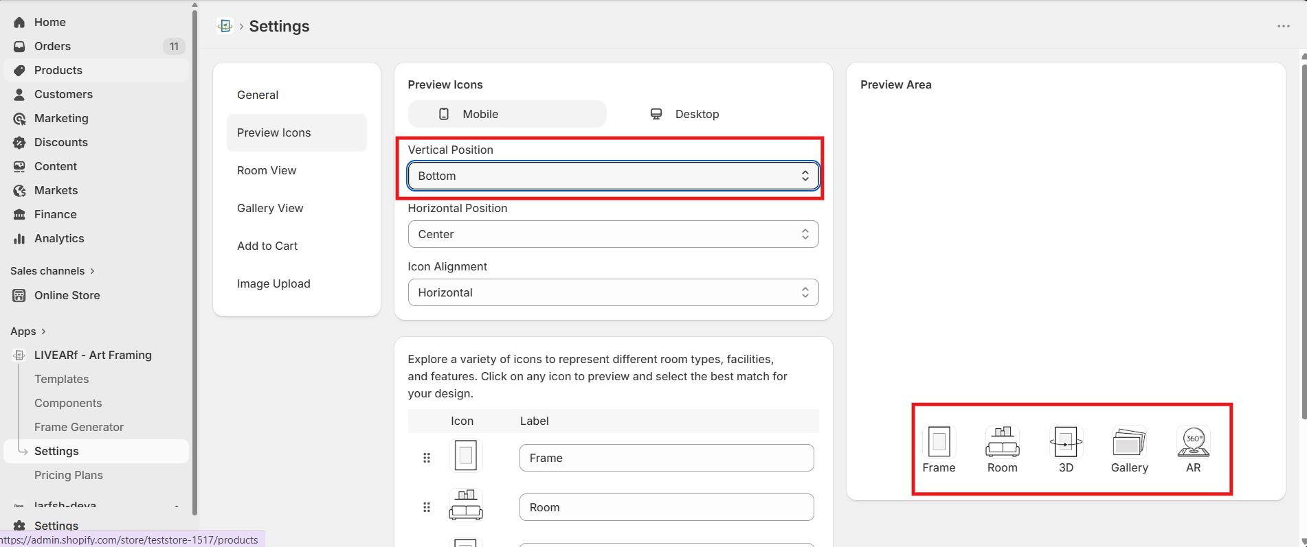 Preview Icons — Vertical Position = Bottom, icons shown at the bottom of the Preview Area
