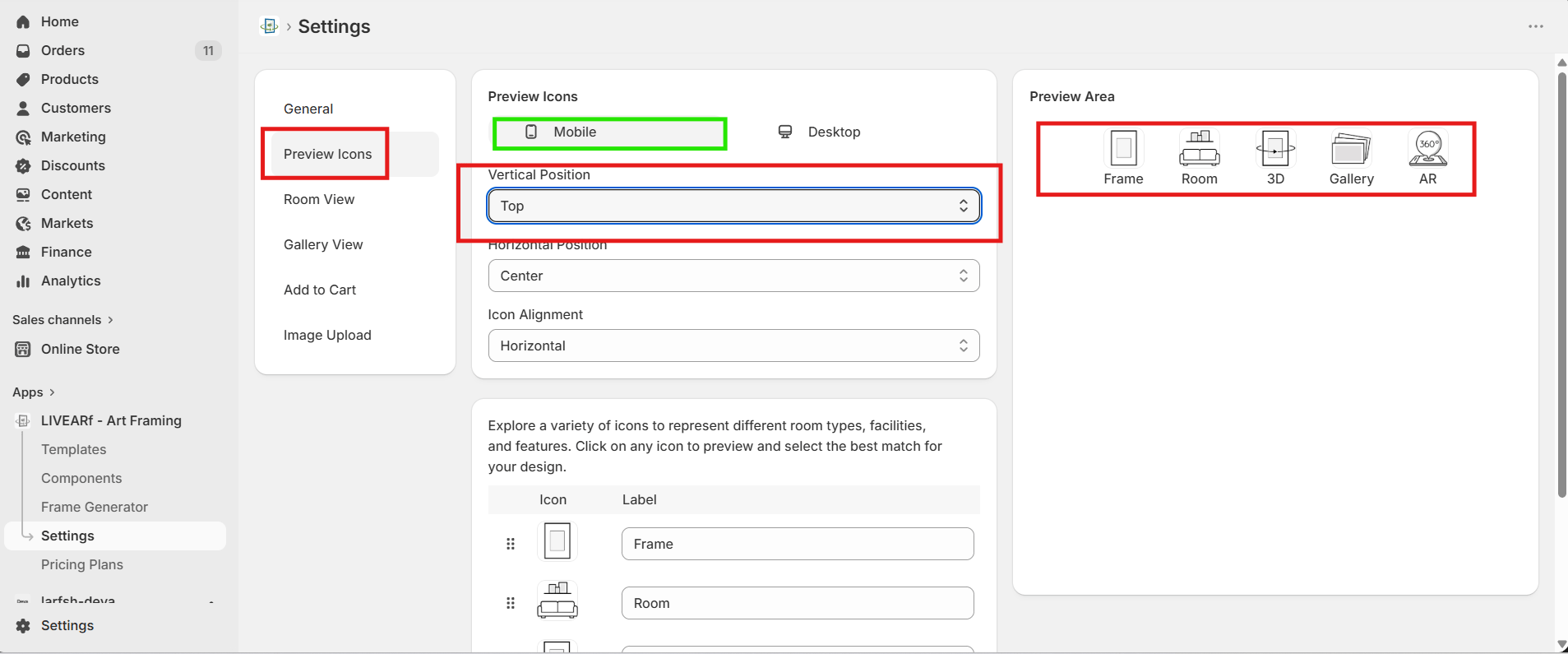 Preview Icons — Mobile selected, Vertical Position = Top, icons shown at top of the Preview Area
