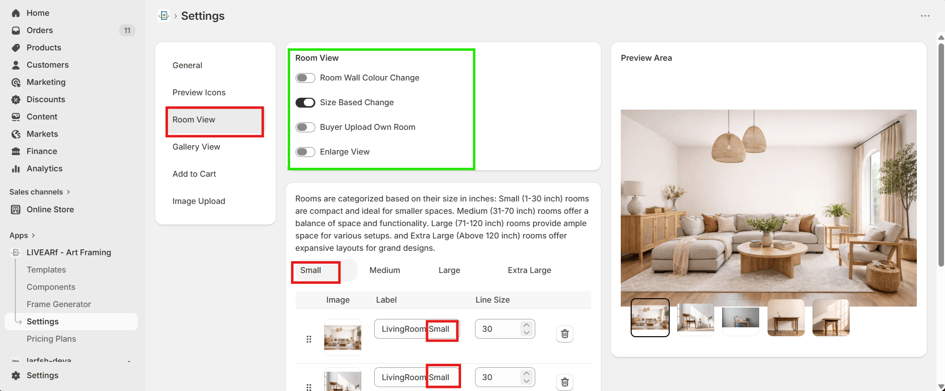 Room View tab — feature toggles, size categories (Small/Medium/Large/Extra Large), and room images table with Line Size