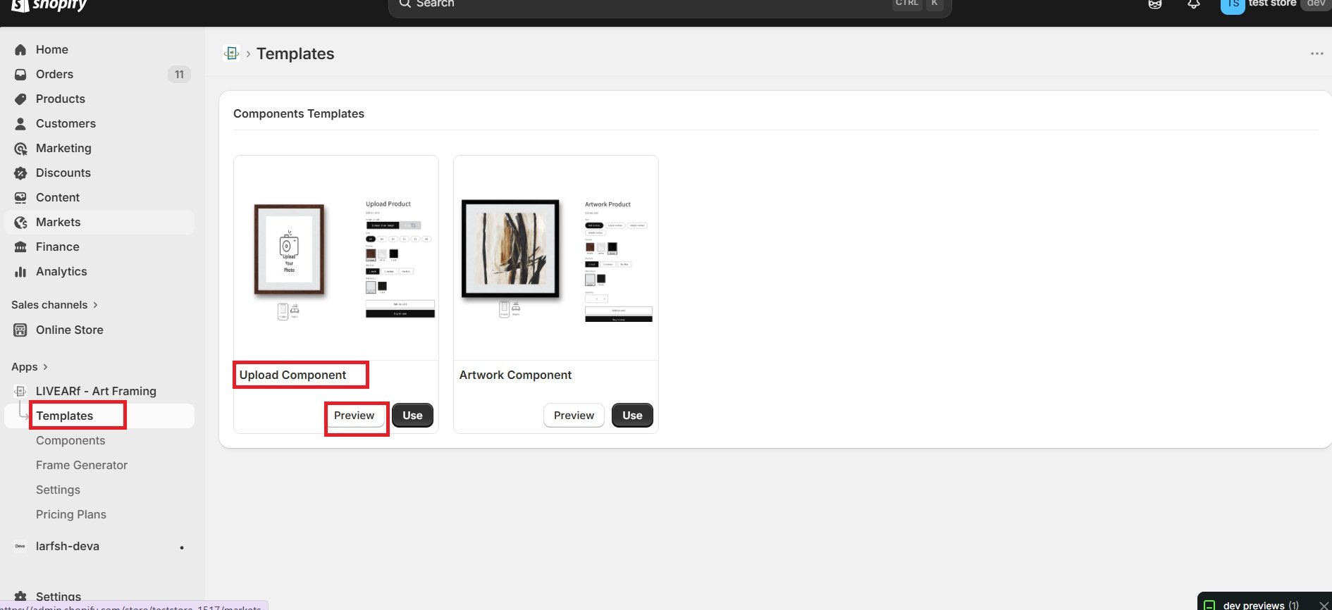 Templates screen — choose Upload Component or Artwork Component