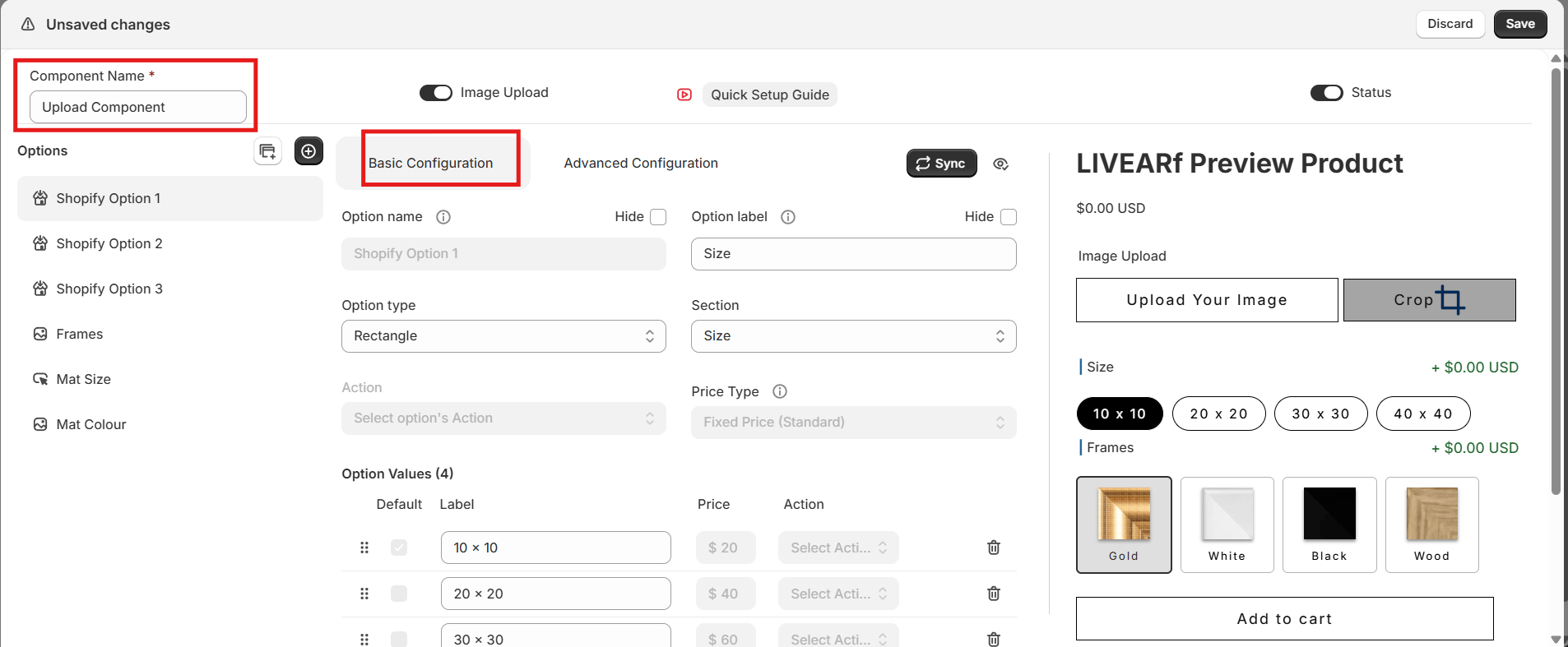Upload Component — Basic Configuration tab open, options panel on the left, live Preview Product on the right