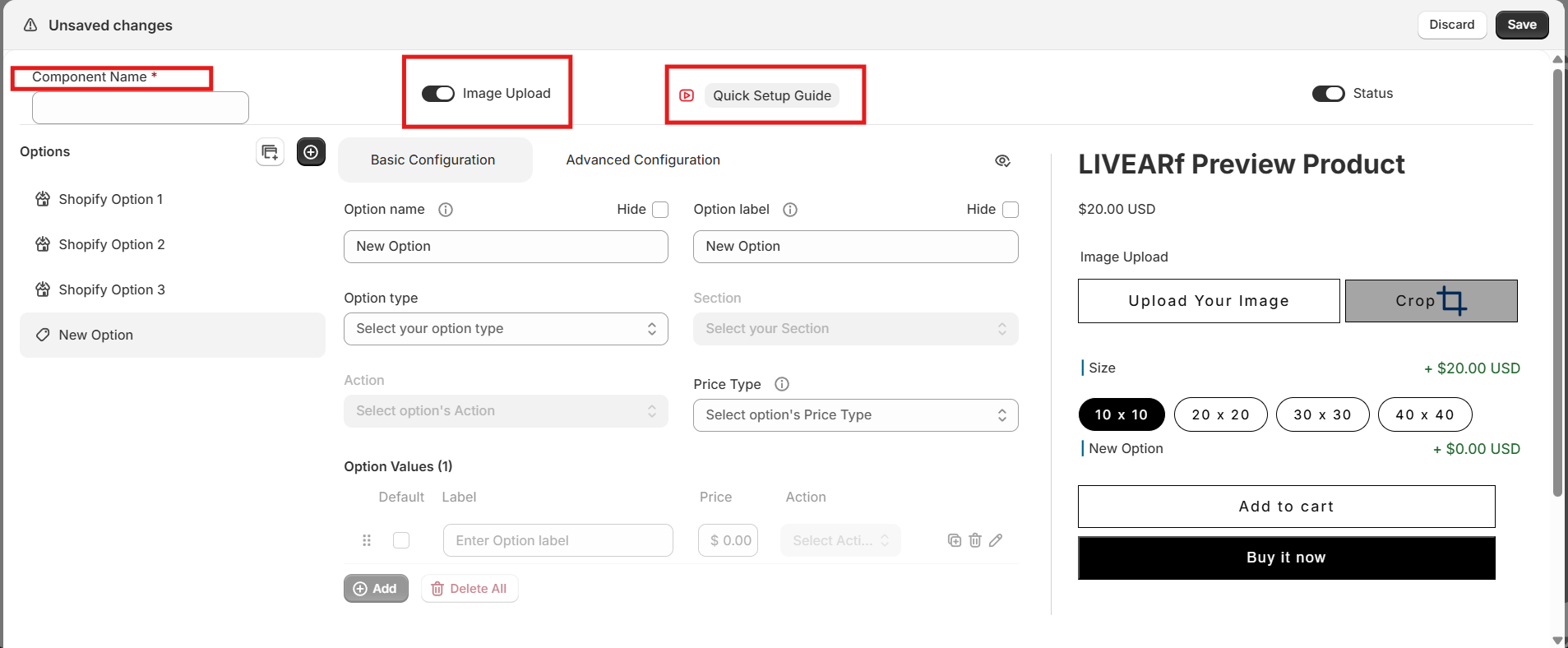 Component header — Component Name, Image Upload toggle ON, Quick Setup Guide highlighted