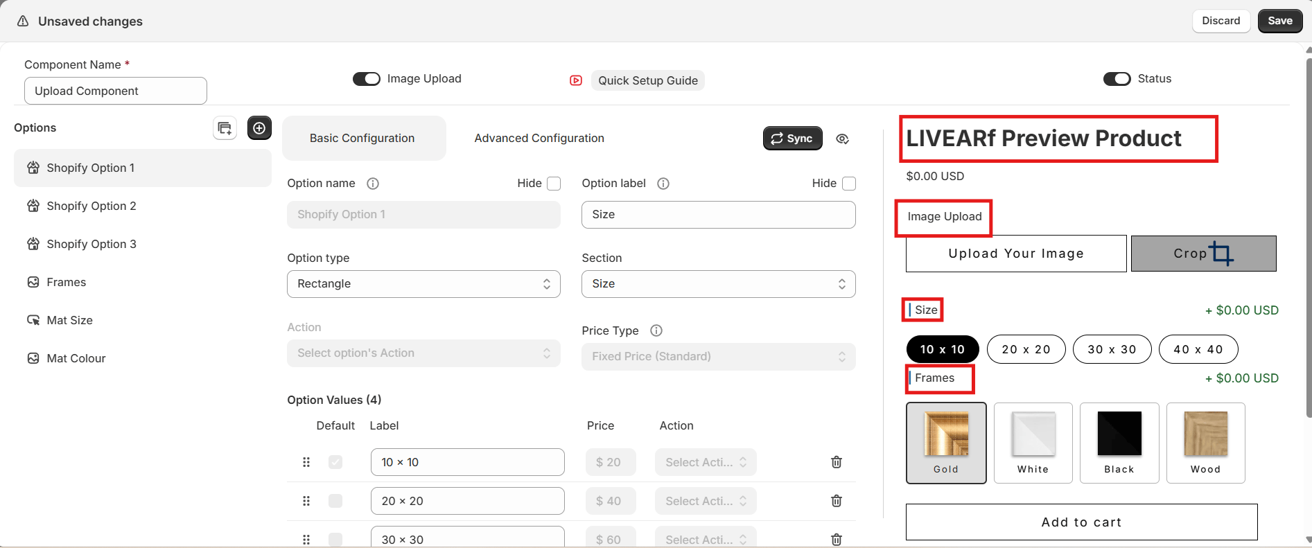Upload Component — customer photo loaded, frame swatches and size options visible in the preview panel
