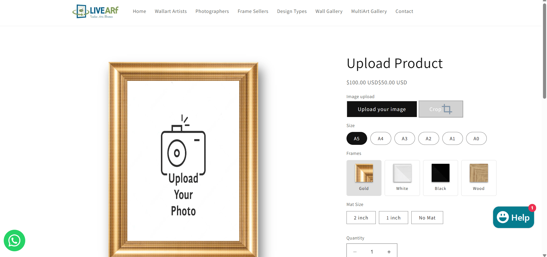 Customer-facing upload product page — showing Upload Your Image button, frame selector, and mat options