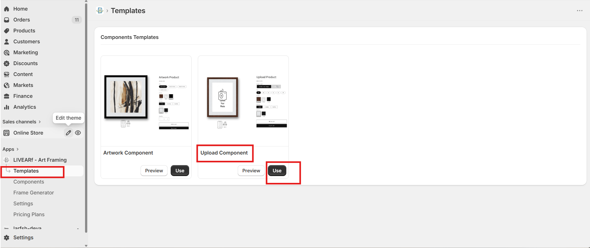 Templates screen — Artwork Component and Upload Component cards, Upload Component highlighted with Use button