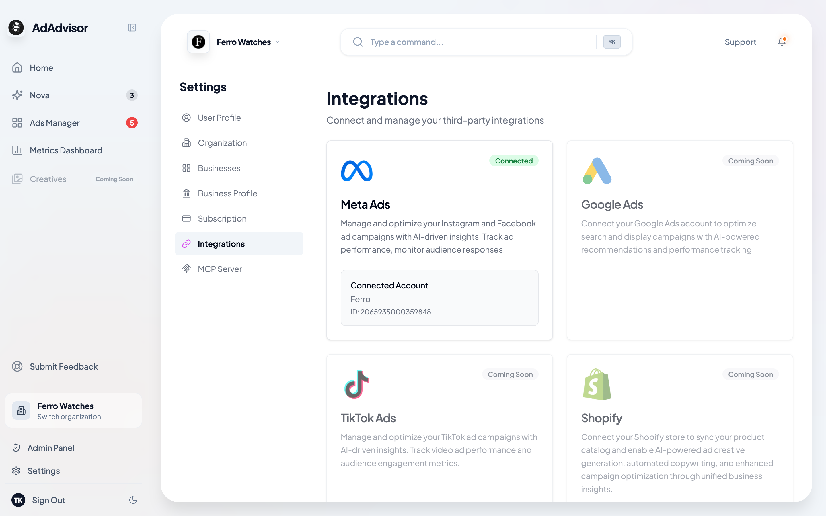 Integrations page