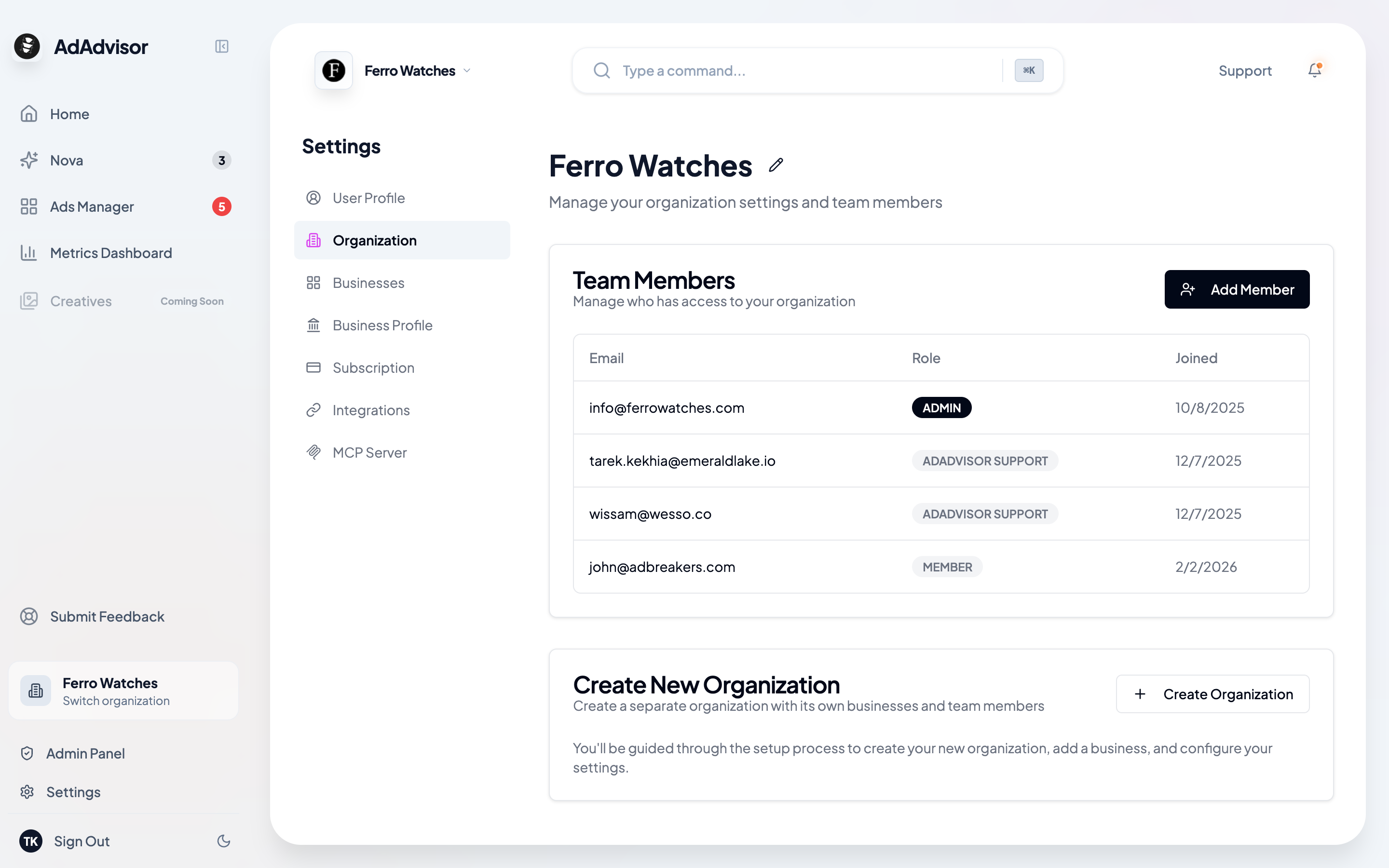 Organization settings