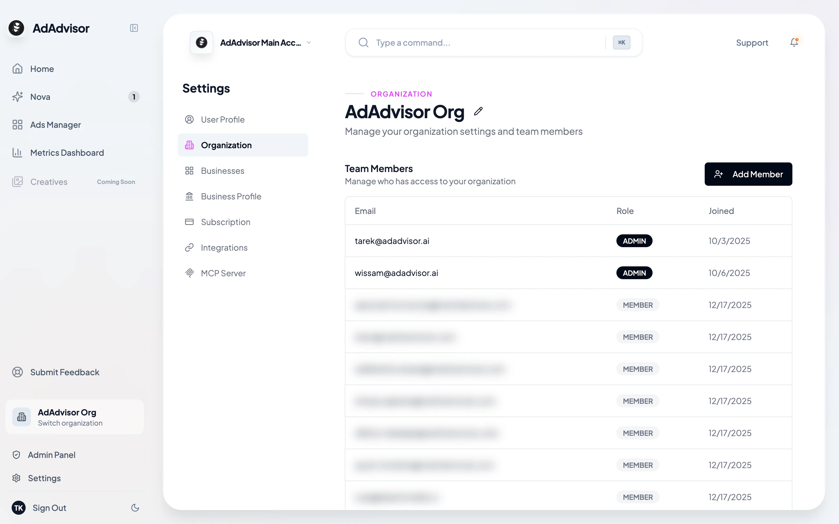 Organization settings