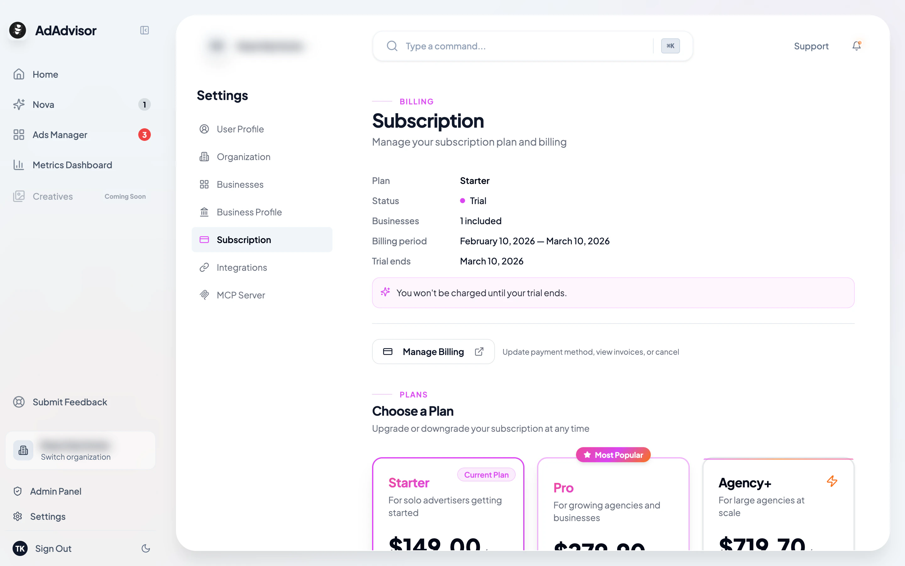 Subscription page
