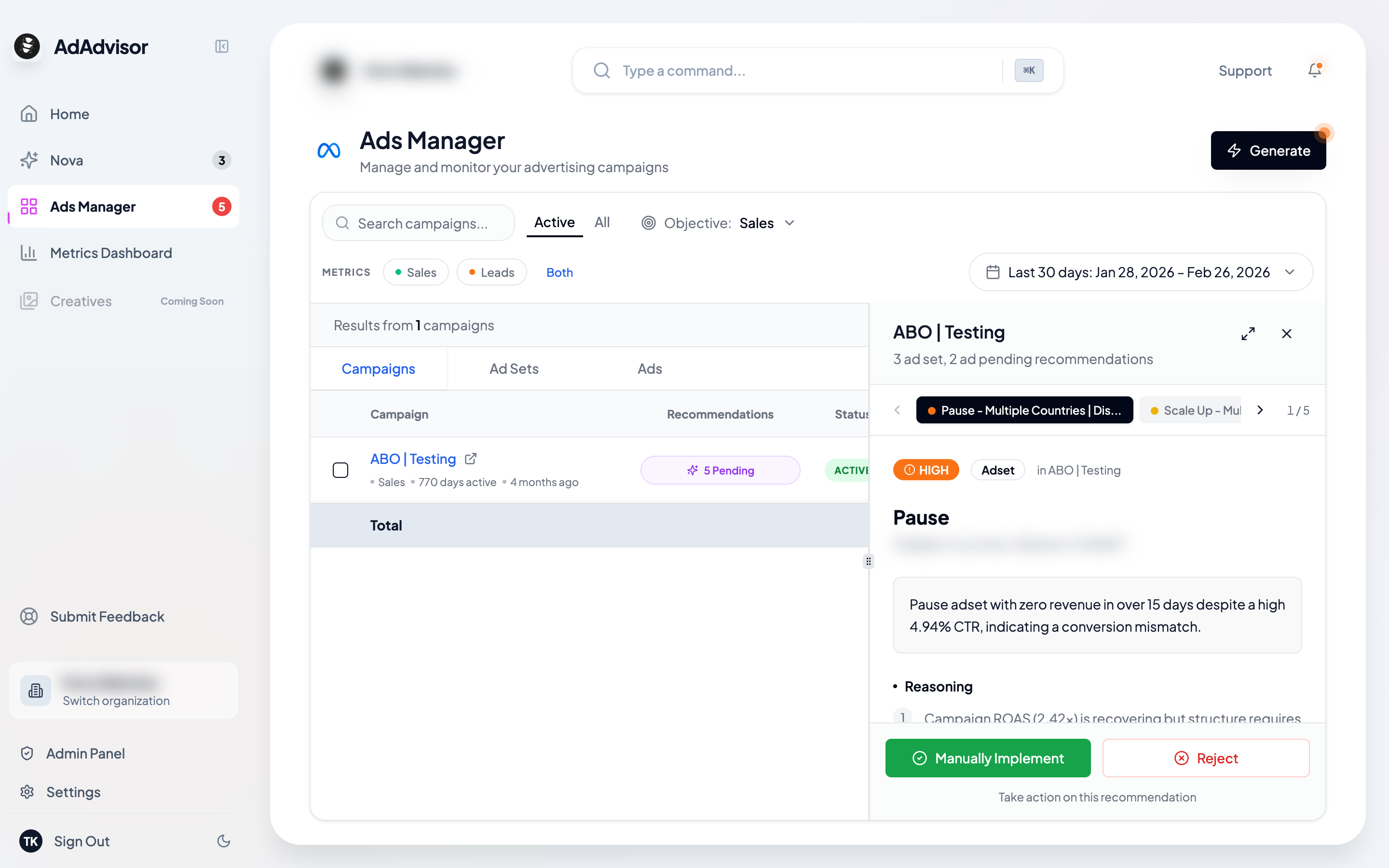 Campaign Recommendations Panel - AdAdvisor Docs