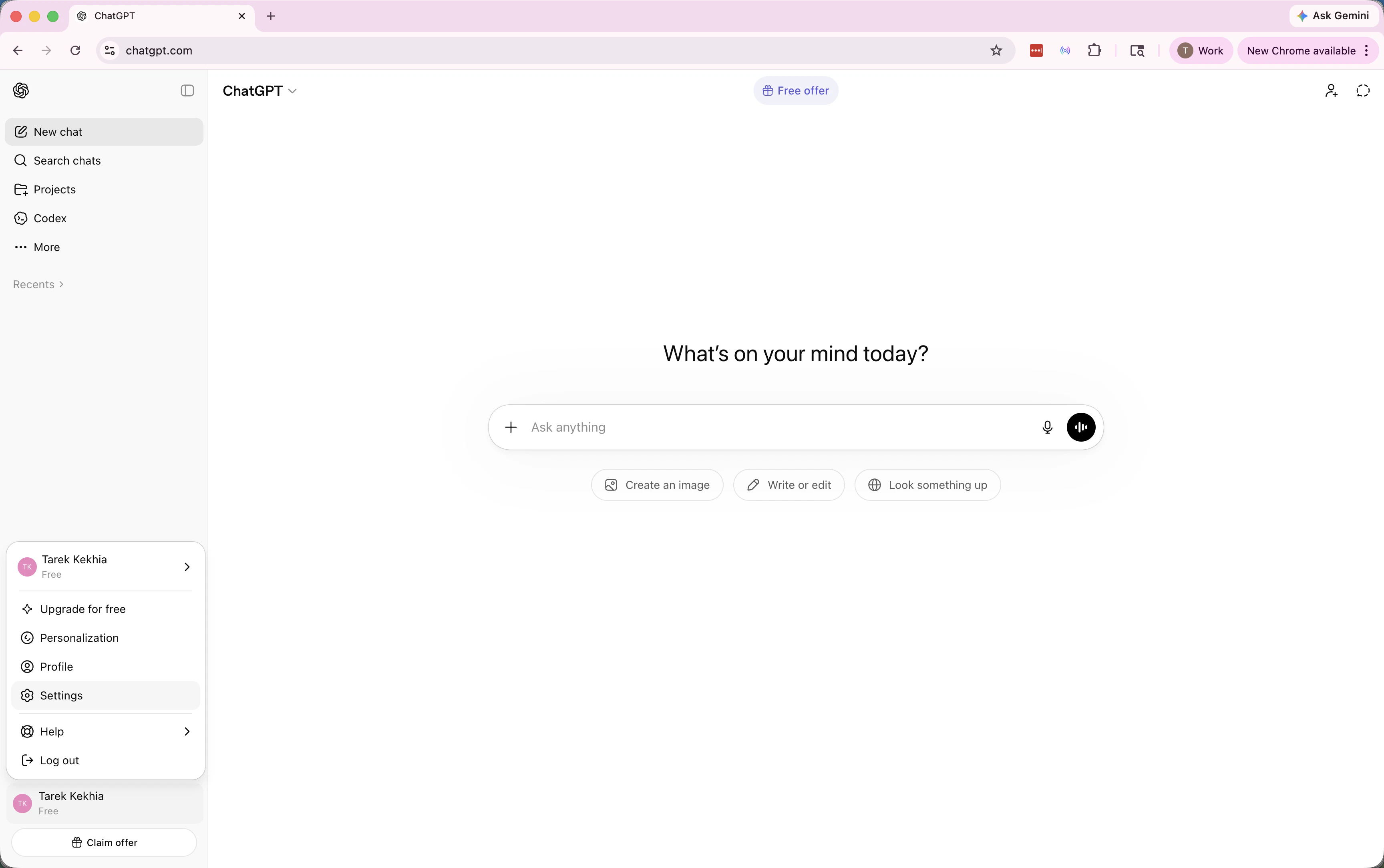 ChatGPT avatar dropdown with Settings option