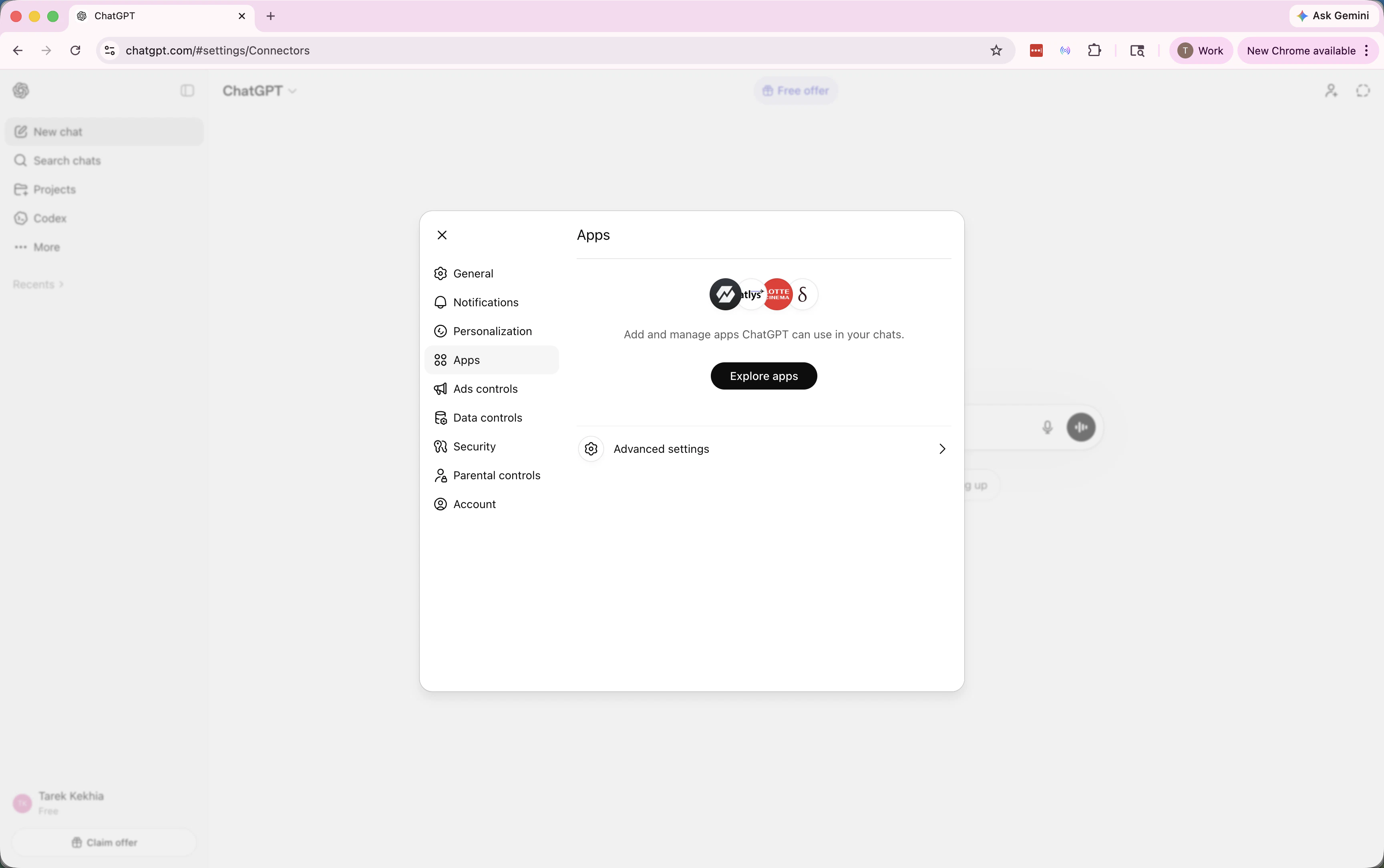 Apps tab with Advanced settings link