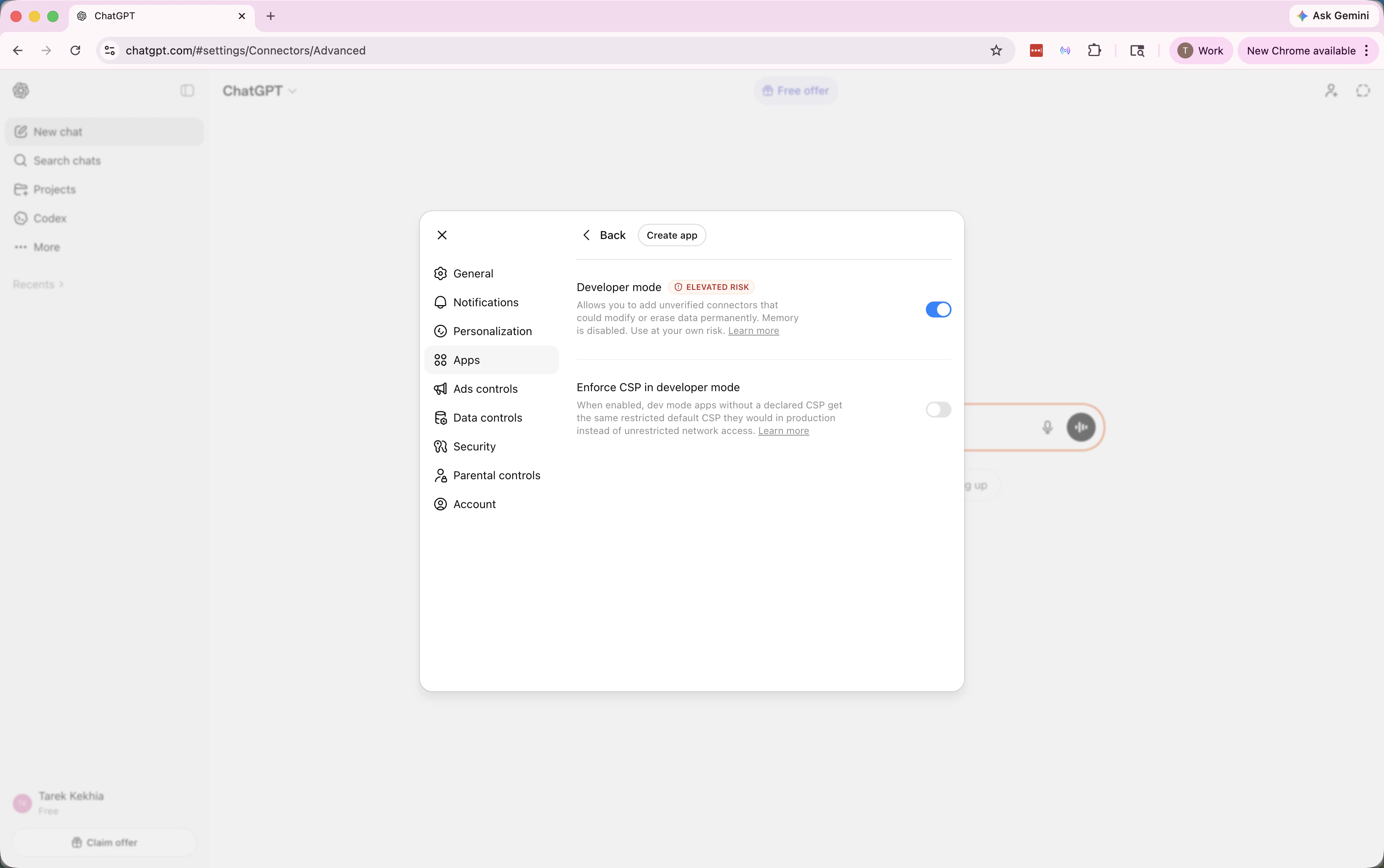Developer mode toggle and Create app button