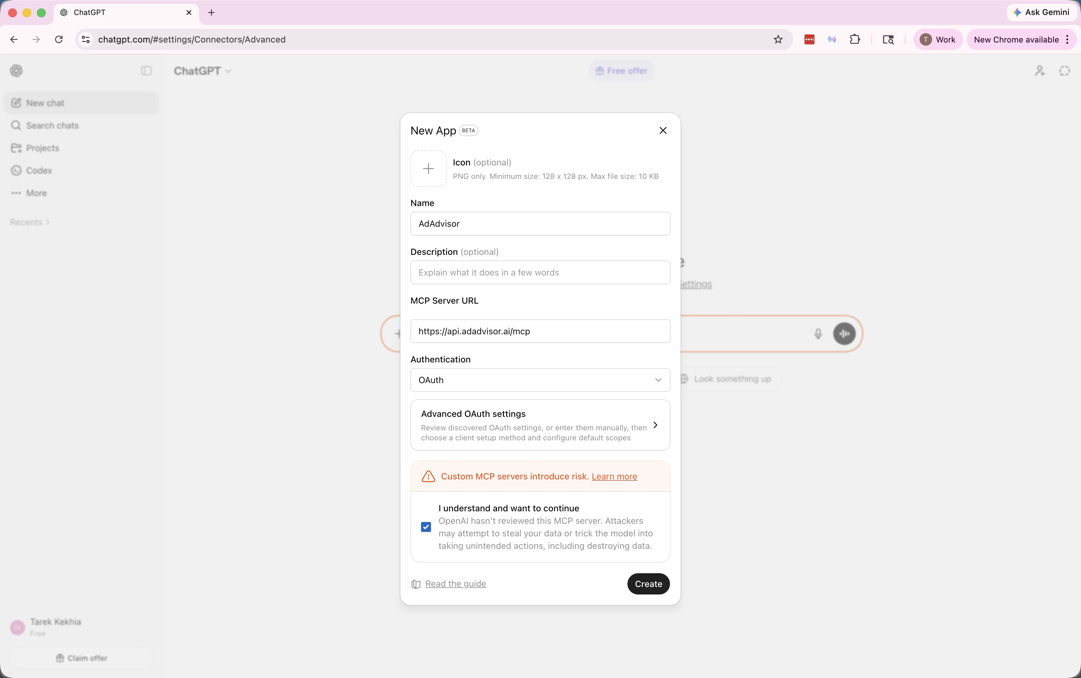 Create connector form with name and URL filled in
