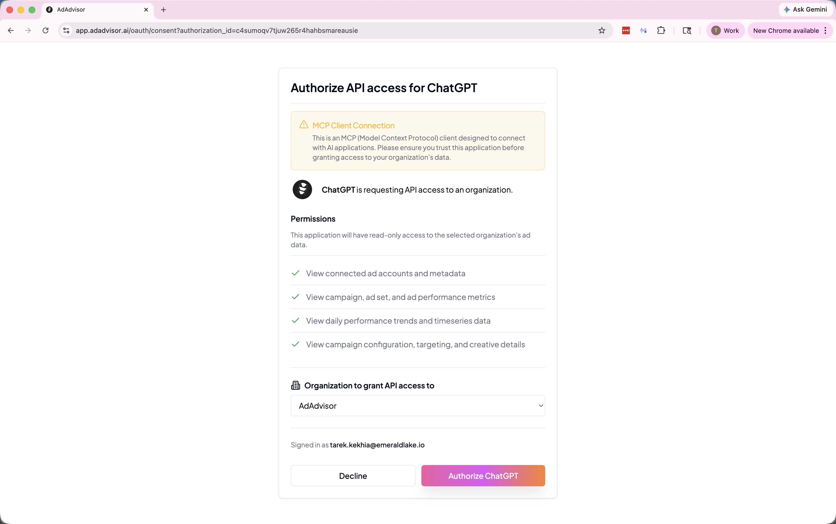 AdAdvisor OAuth consent screen for ChatGPT