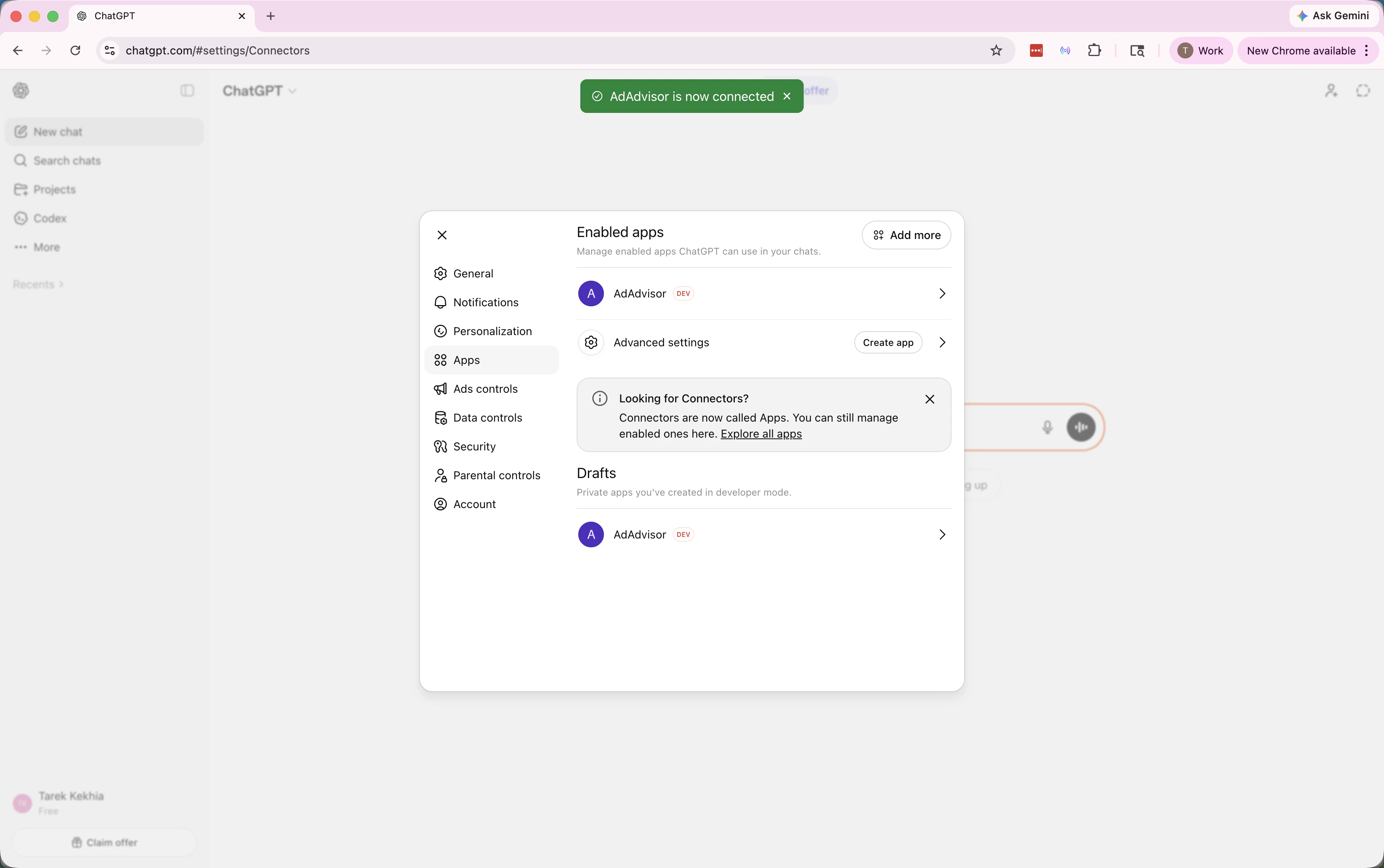 Connected AdAdvisor app overview in ChatGPT