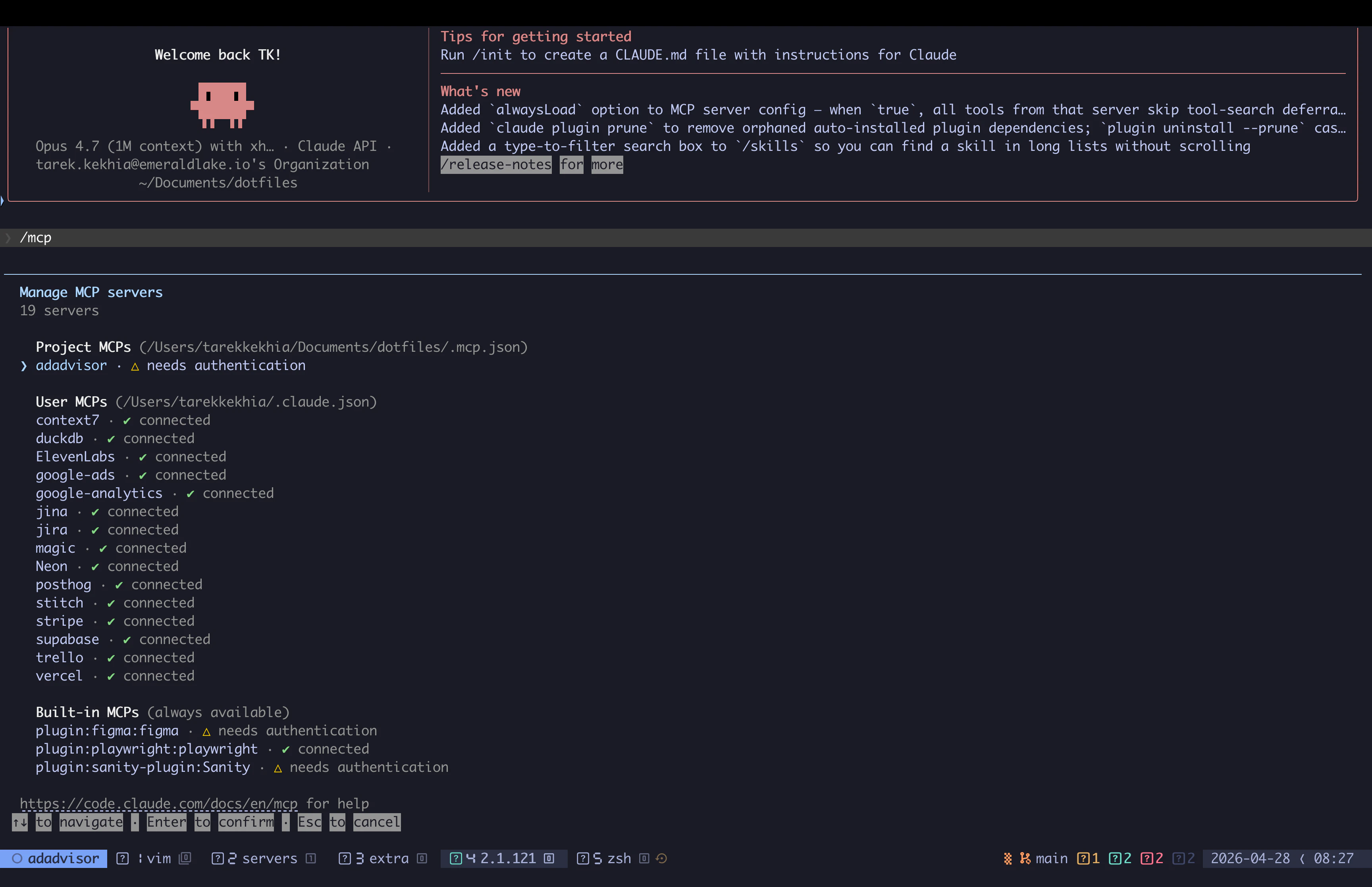 Claude Code /mcp output showing the adadvisor server listed