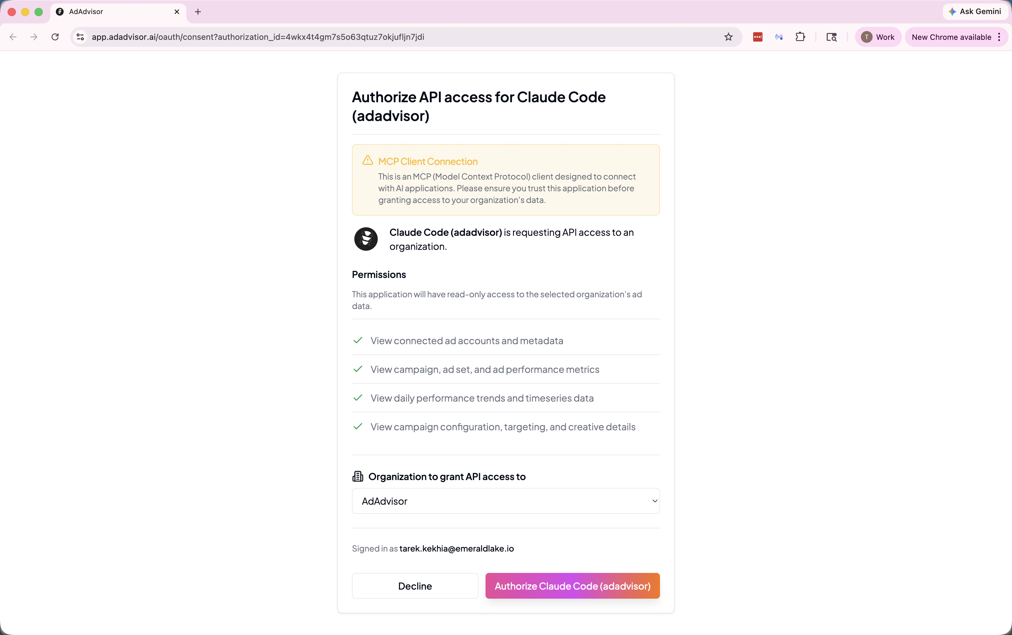 AdAdvisor OAuth consent screen for Claude Code