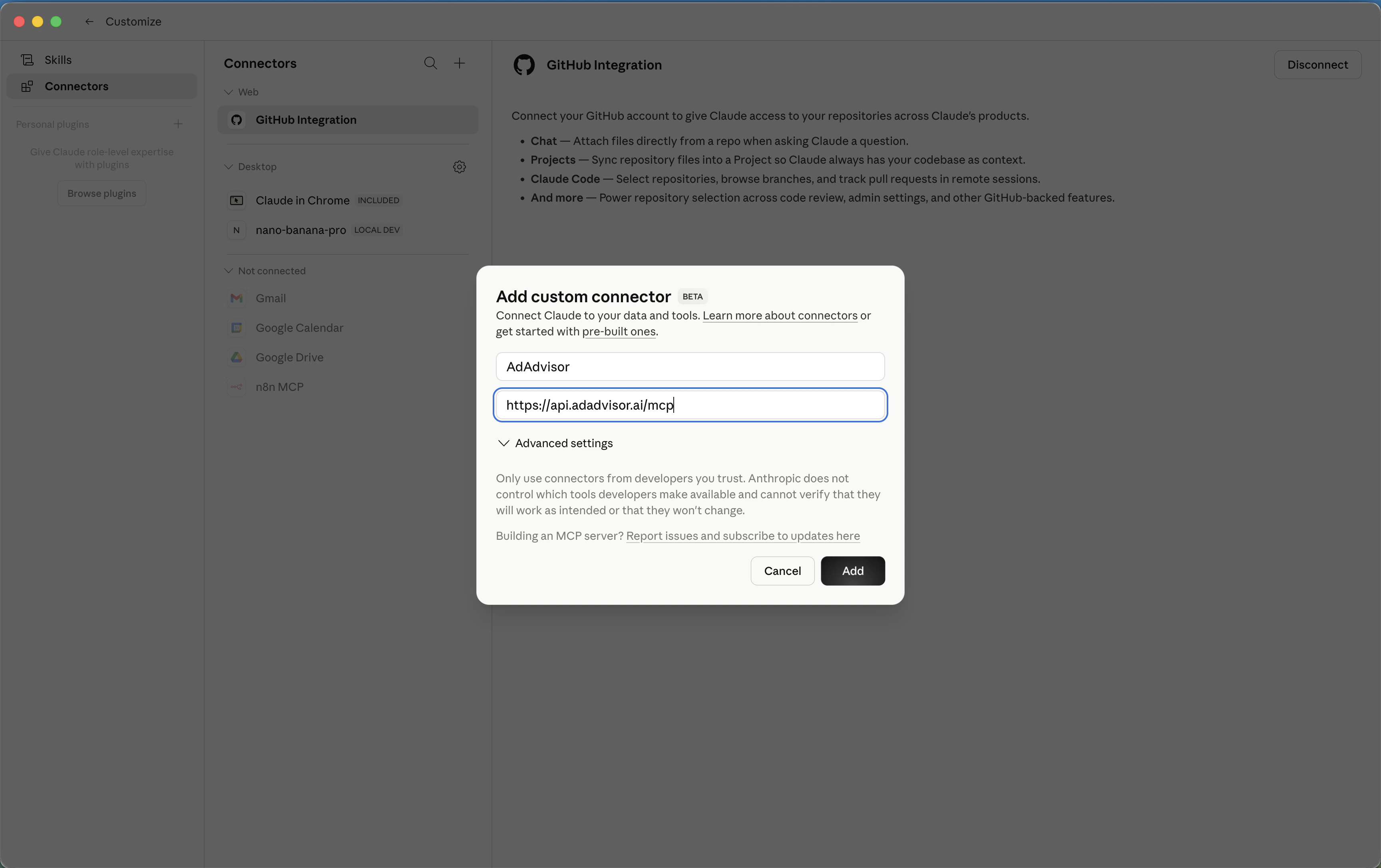 Connector form with name and URL filled in