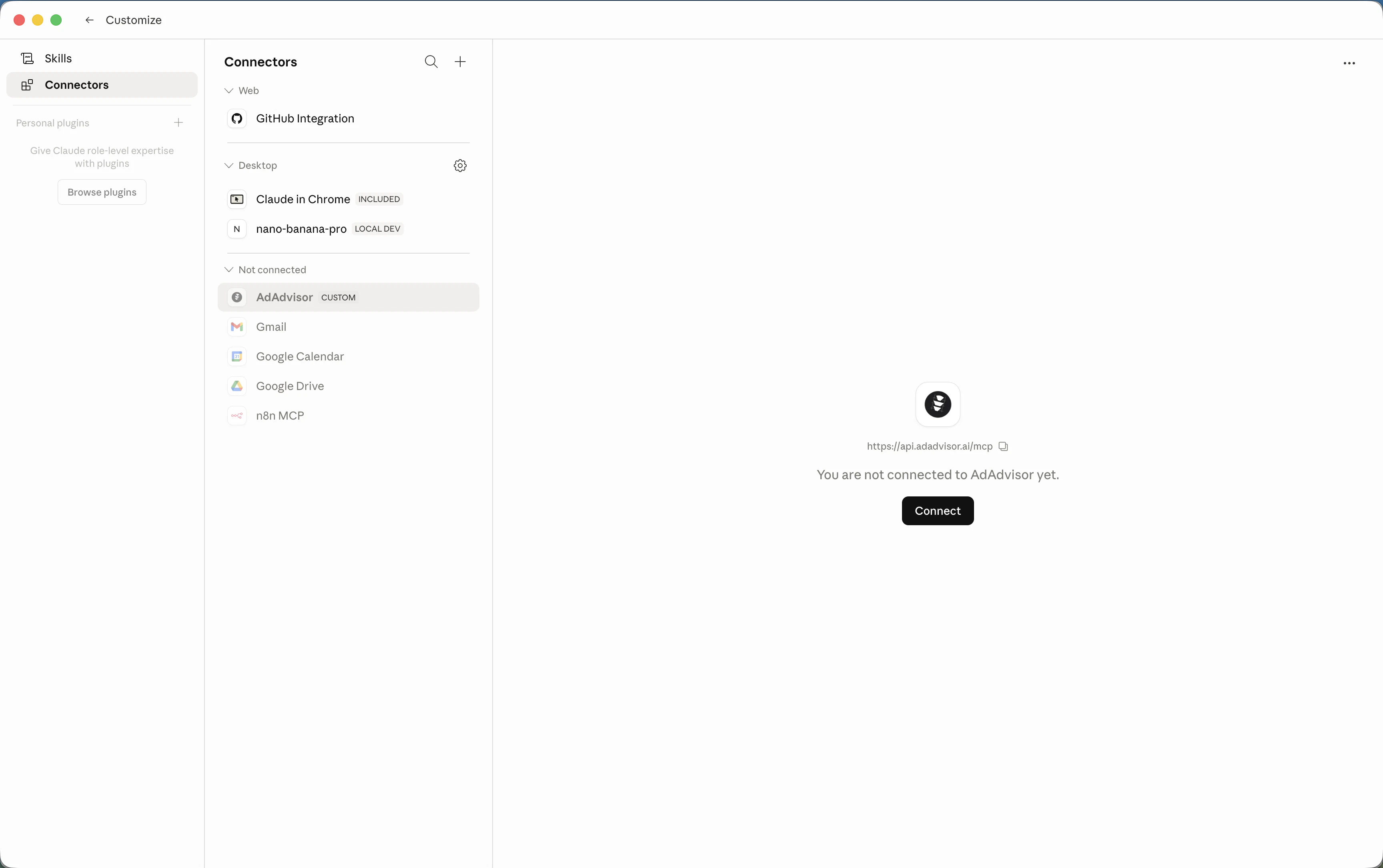 AdAdvisor row with Connect button