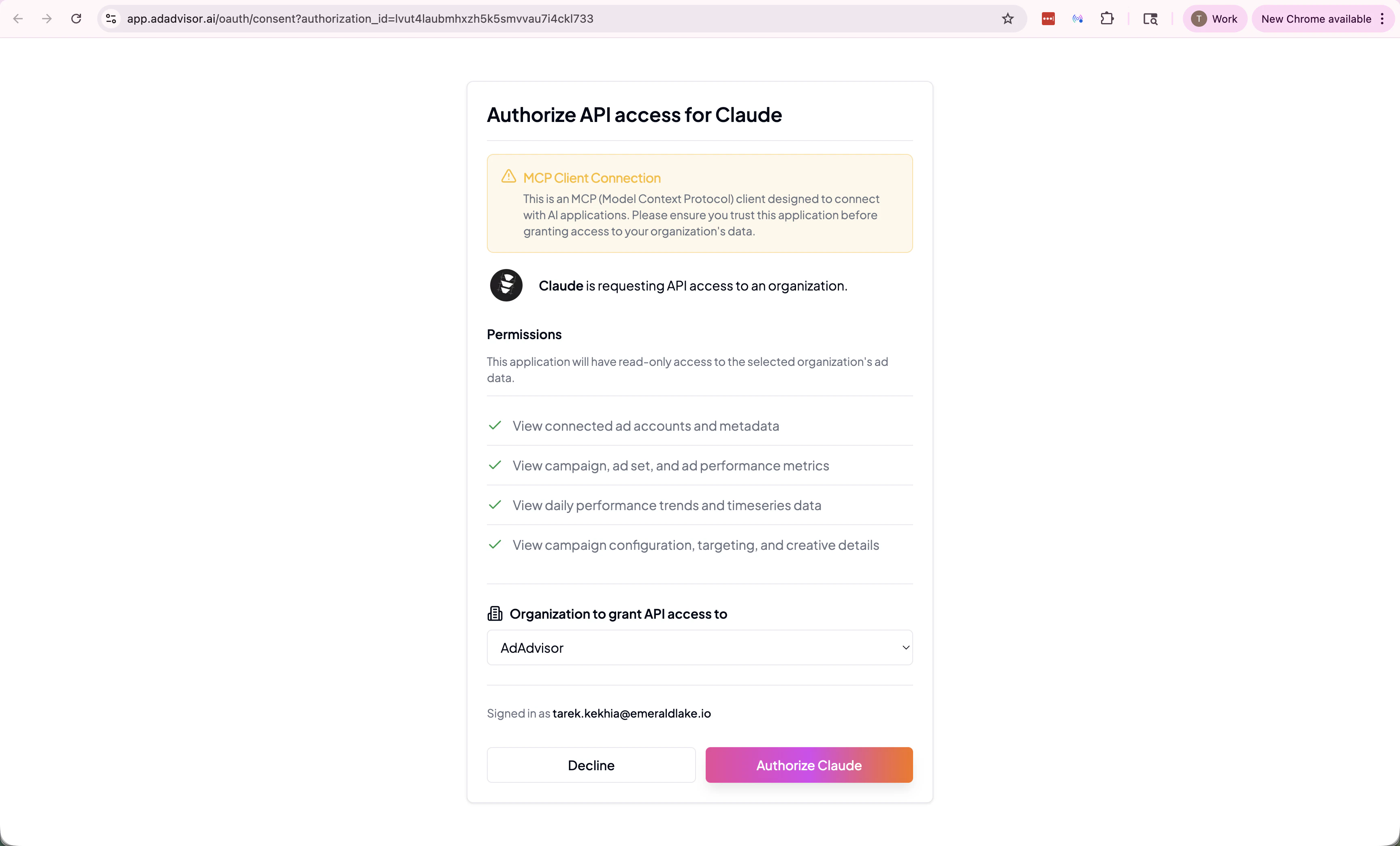 AdAdvisor OAuth consent screen for Claude Desktop